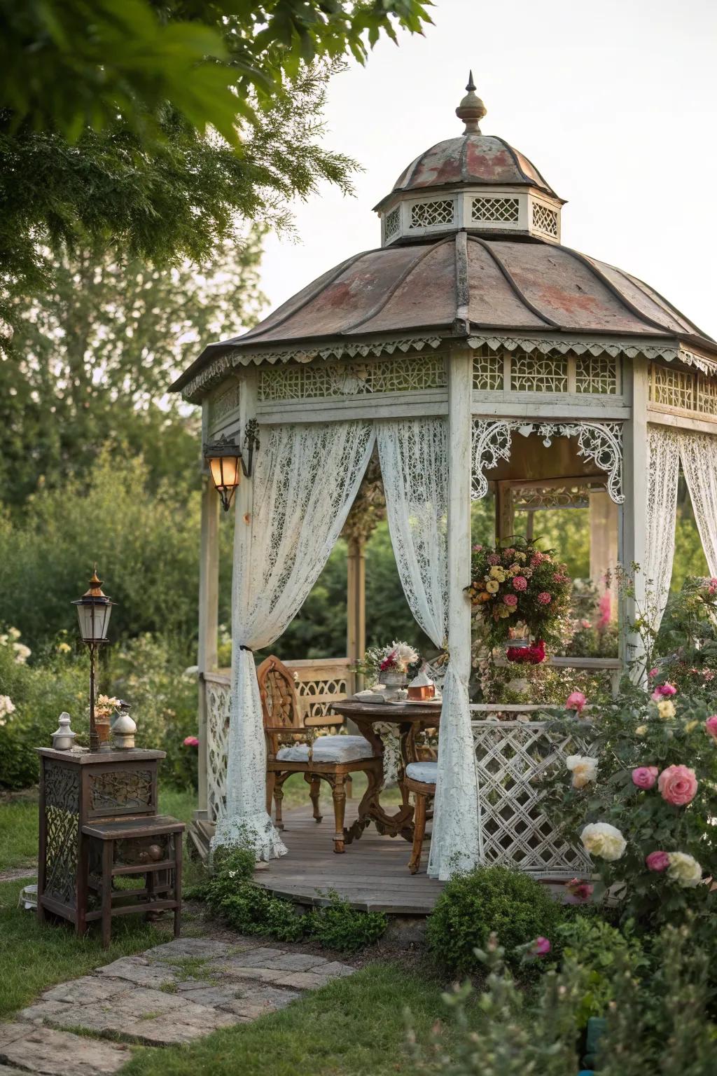 A vintage garden gazebo brimming with nostalgic charm.