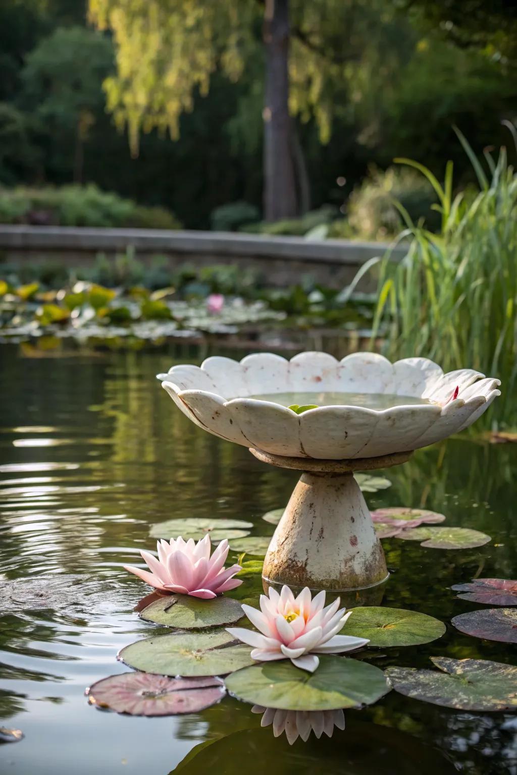 A floating lotus birdbath adds serenity and exotic charm.