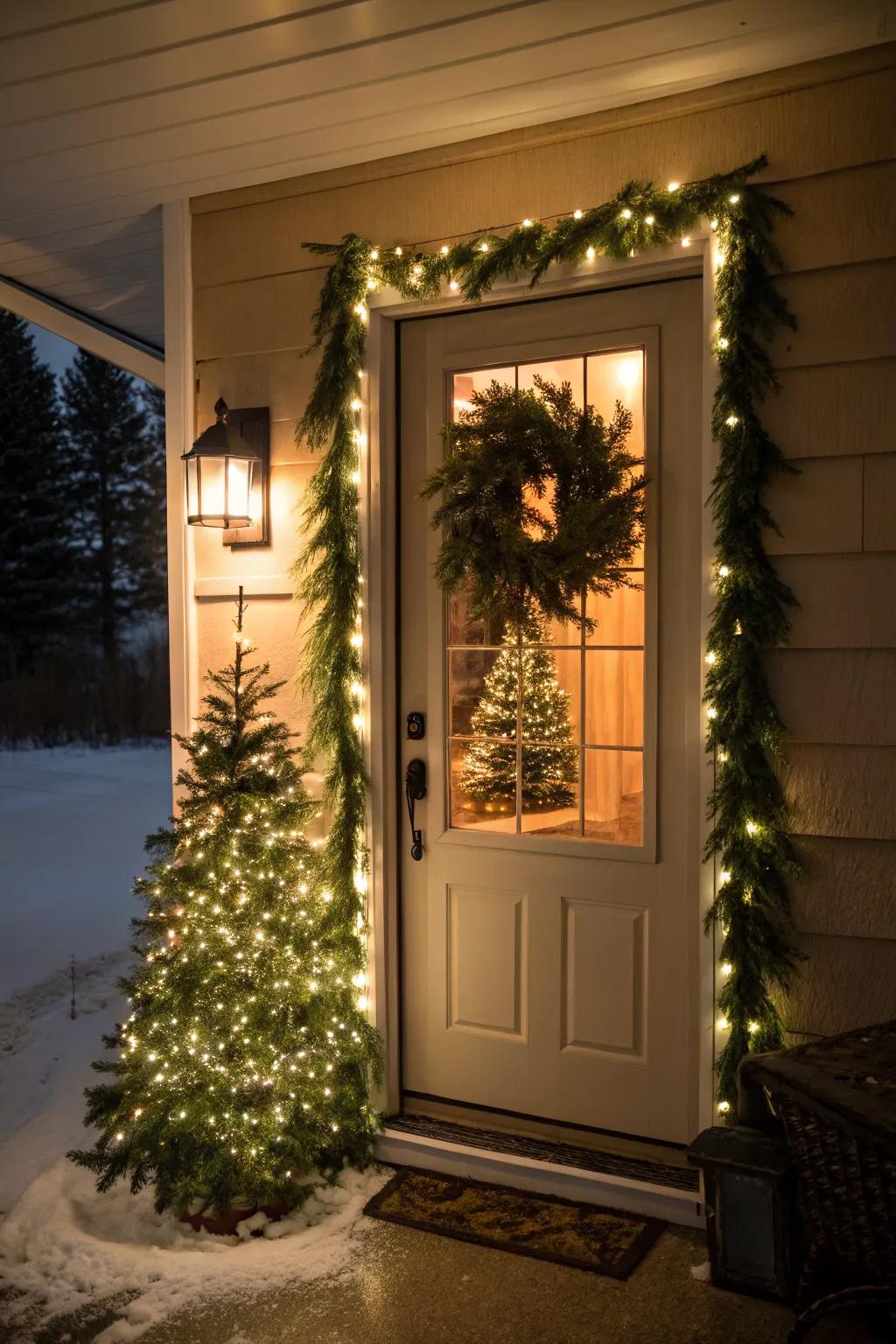 A serene Christmas tree silhouette on the door.