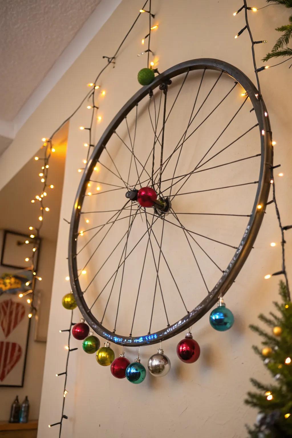 A bicycle wheel wreath adds a unique twist to holiday decor.