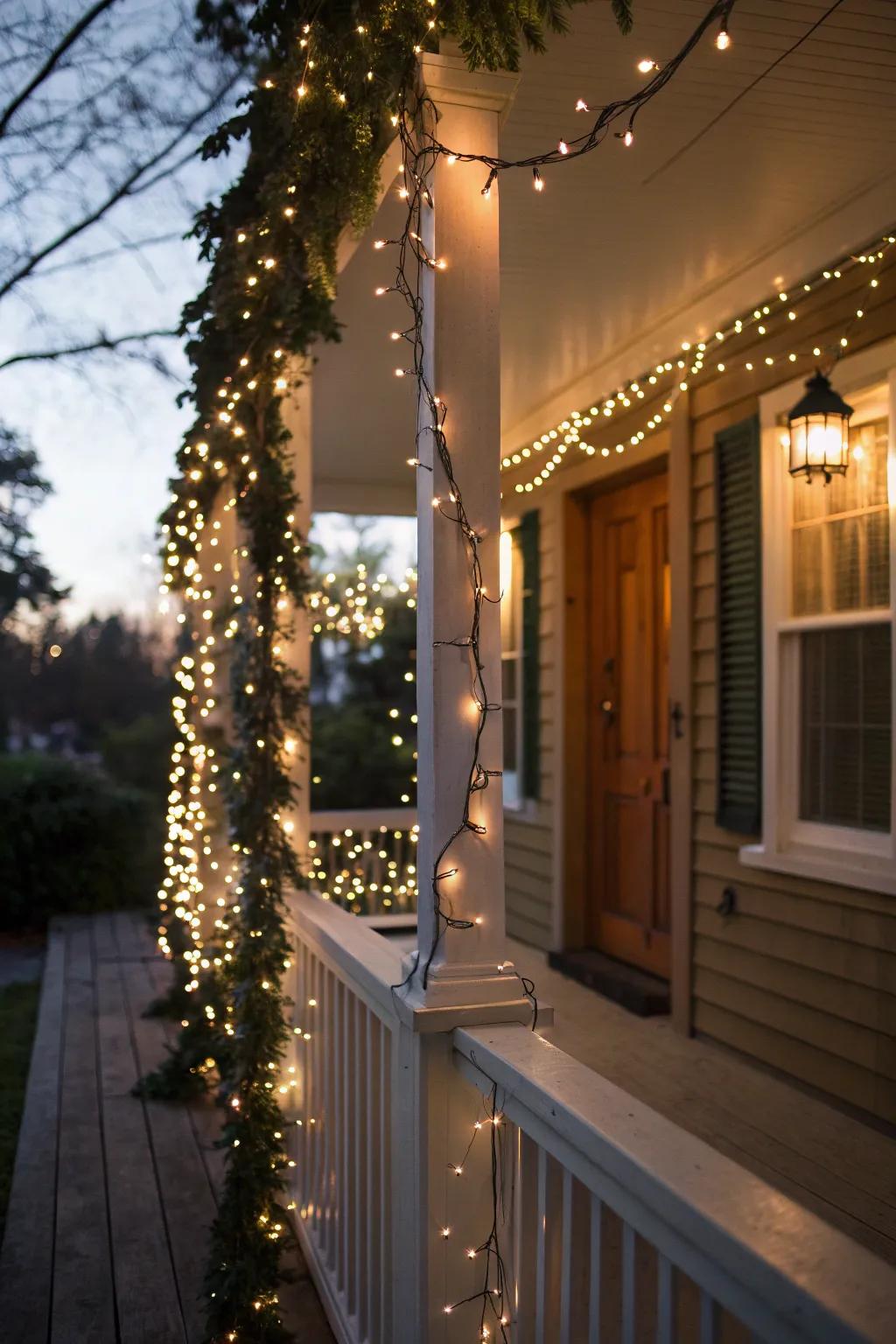 Twinkle lights adding magic to the porch.