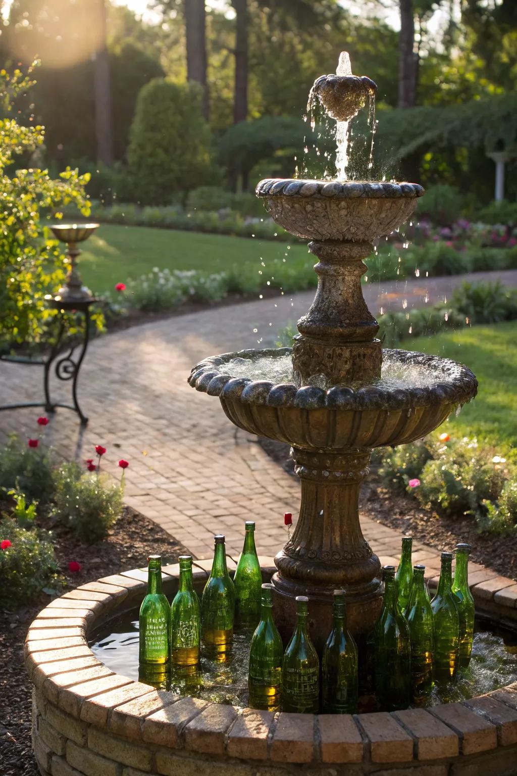 Captivate with a sparkling glass bottle fountain.