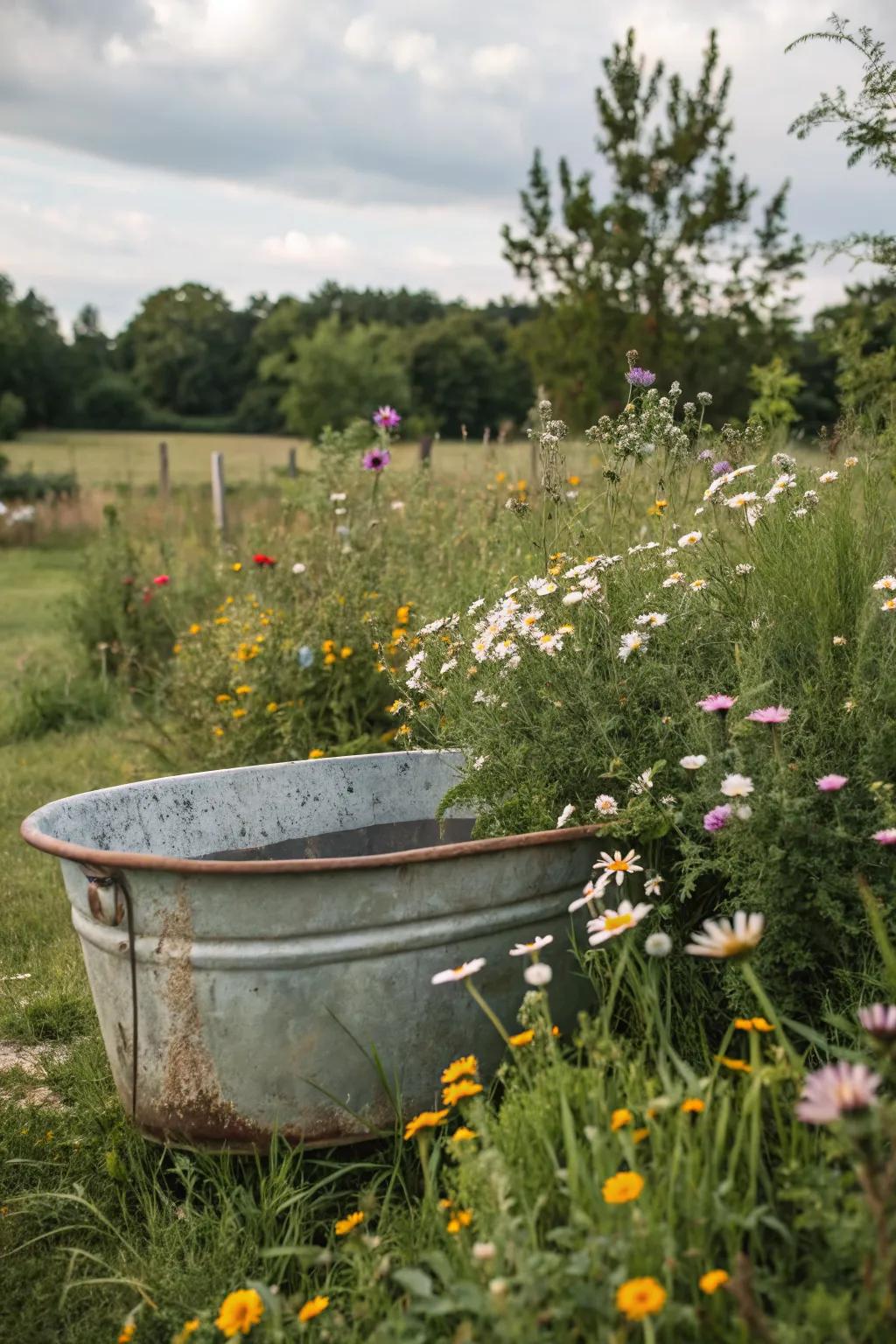 A metal tub bird bath combines rustic charm with functionality.