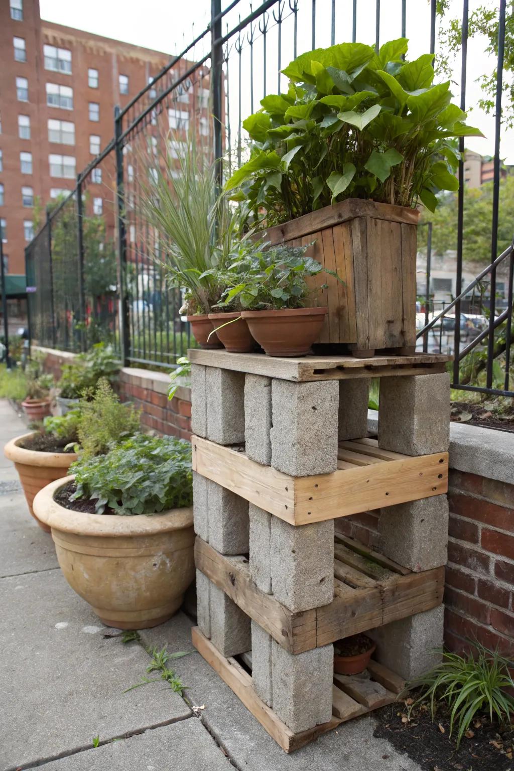 Combine durability and style with a concrete and wood plant stand.