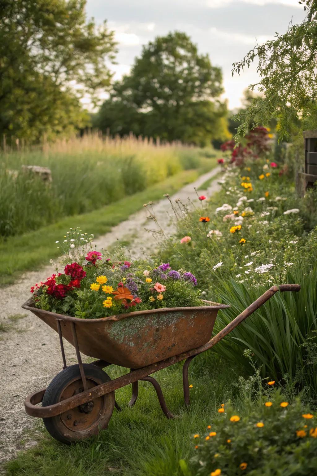 A wheelbarrow planter adds a rustic touch with a practical twist.