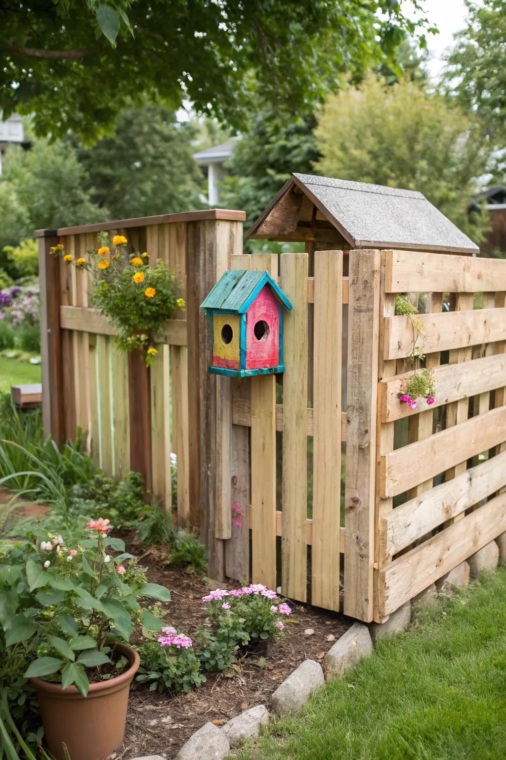 Welcome feathered friends with a pallet fence birdhouse.
