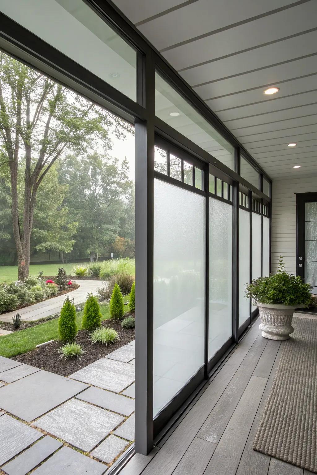 Frosted glass panels offer modern privacy with a sleek touch.