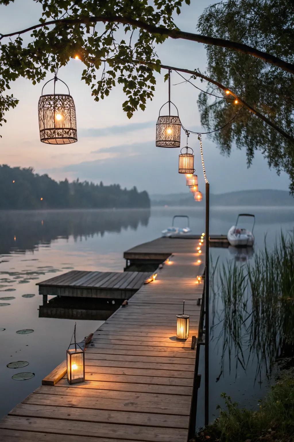 Lanterns adding a whimsical touch to a dock setting.