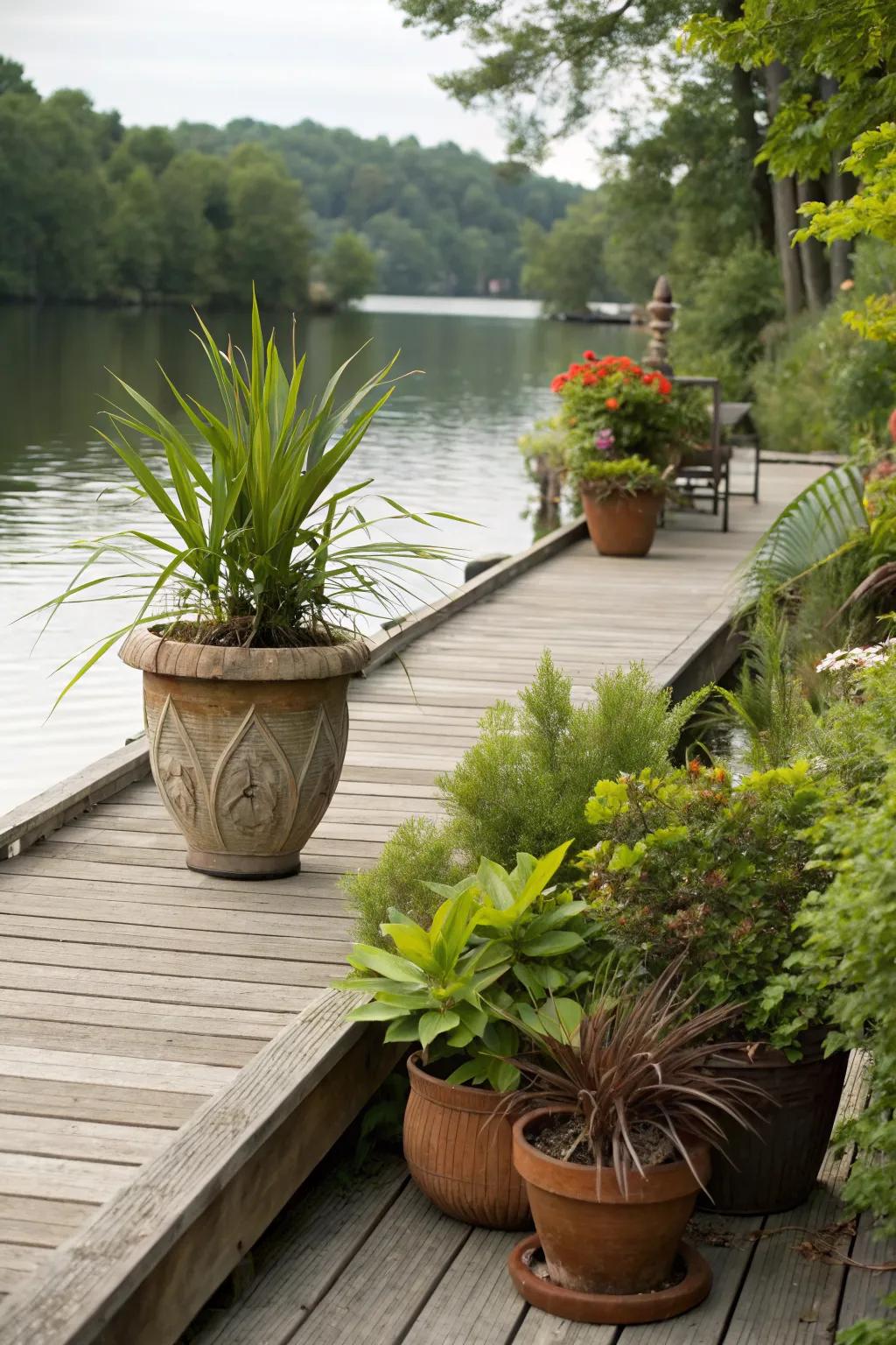 Potted plants add natural beauty and freshness to dock spaces.