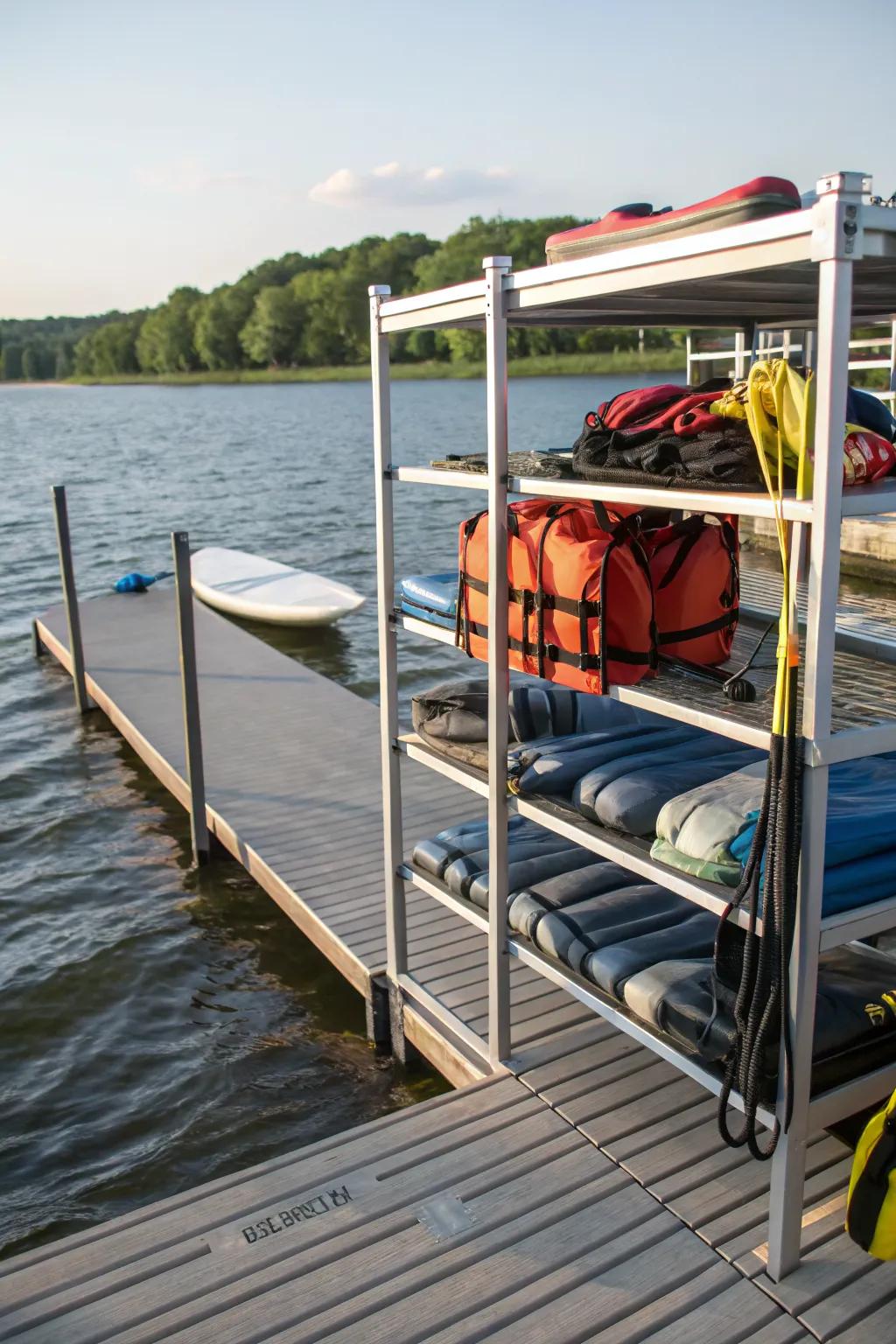 Weather-resistant shelving offers quick and easy access to essential items.