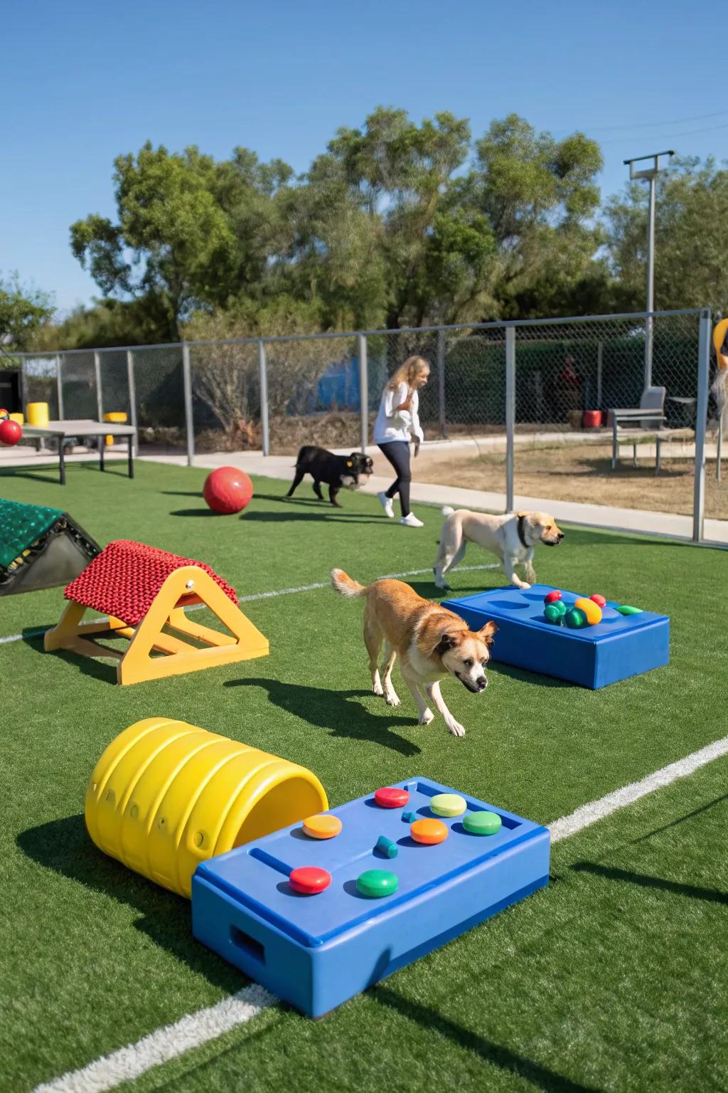 Interactive stations keep dogs mentally stimulated and entertained.
