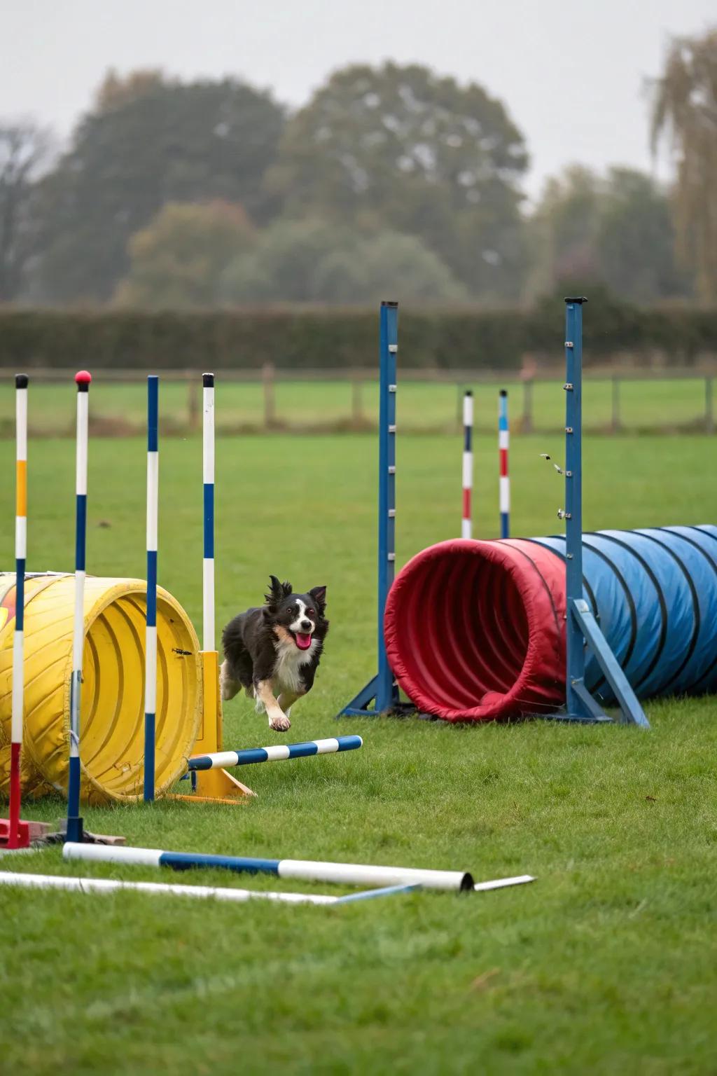 A dynamic obstacle course keeps dogs active and engaged.
