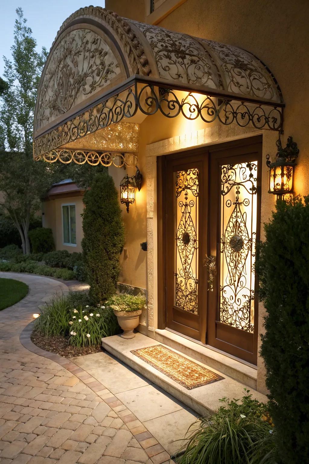 An ornate awning becomes the centerpiece of this entrance.