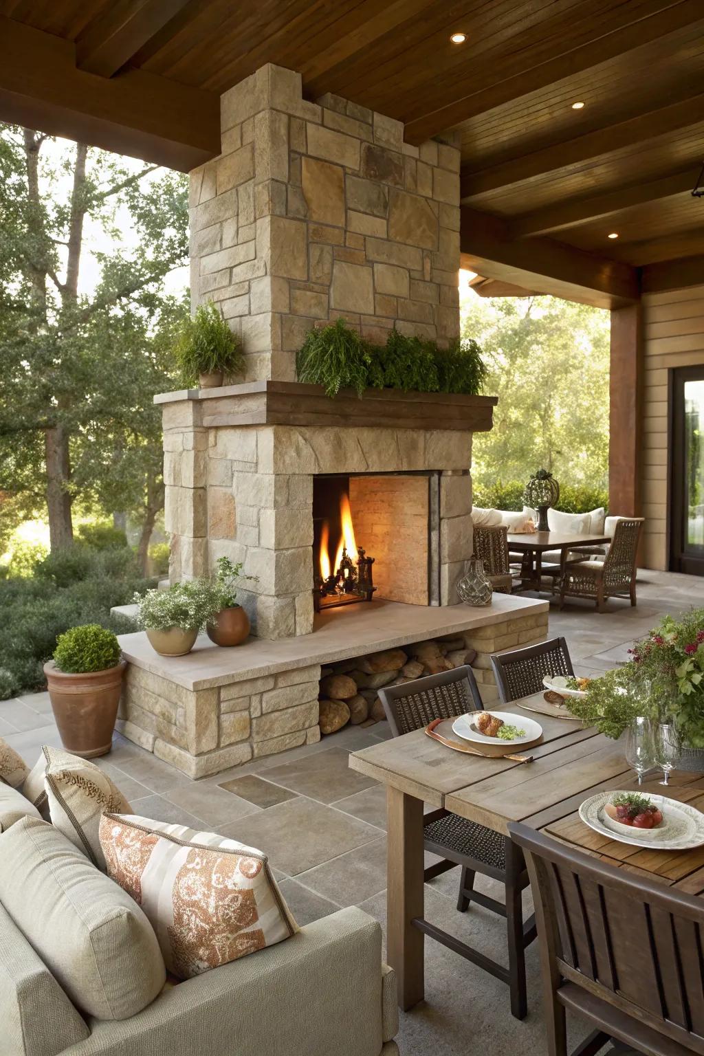 Divide and conquer with a fireplace that separates functional areas.