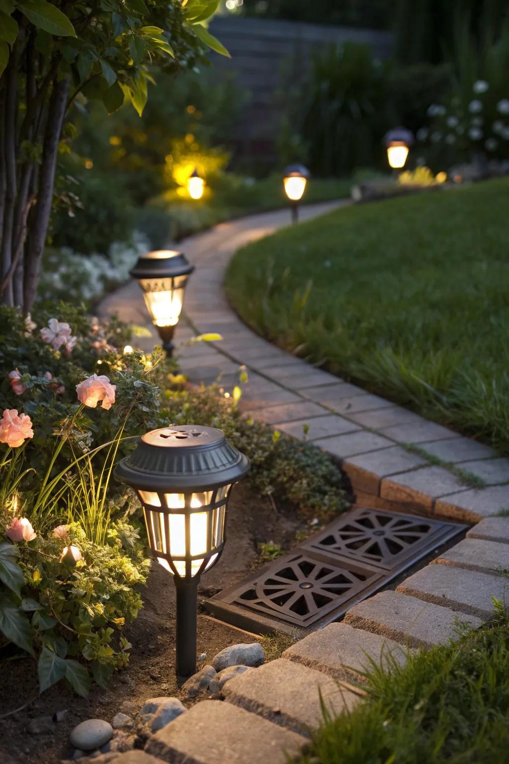 Strategic lighting shifts focus, making drain covers less noticeable.