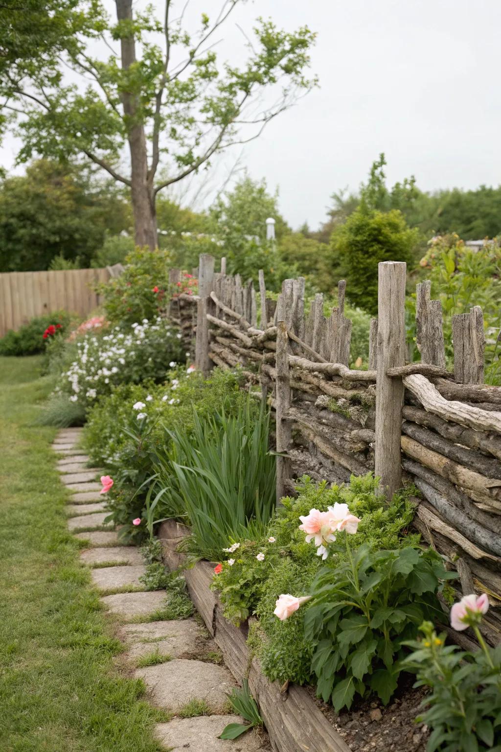 Double-layer driftwood fence for enhanced privacy.
