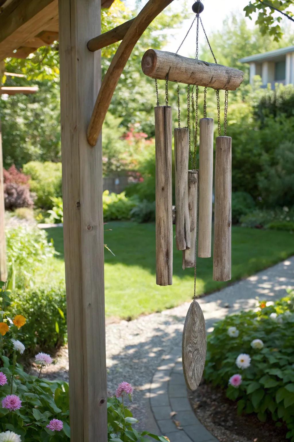 Soothing driftwood wind chimes enhancing garden serenity.