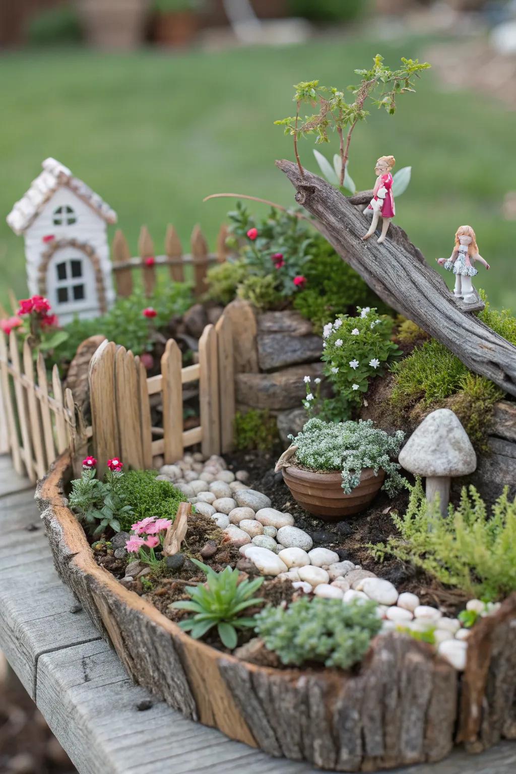 A whimsical fairy garden crafted within driftwood.