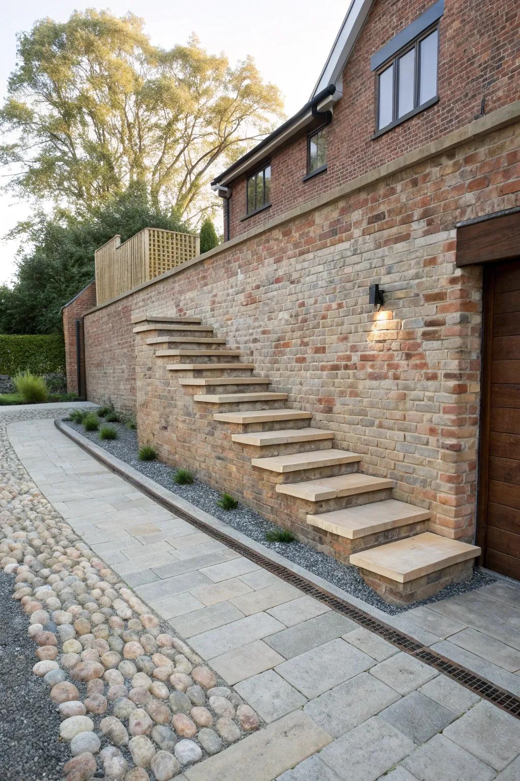 Floating steps offer a modern touch to this driveway's brick wall.
