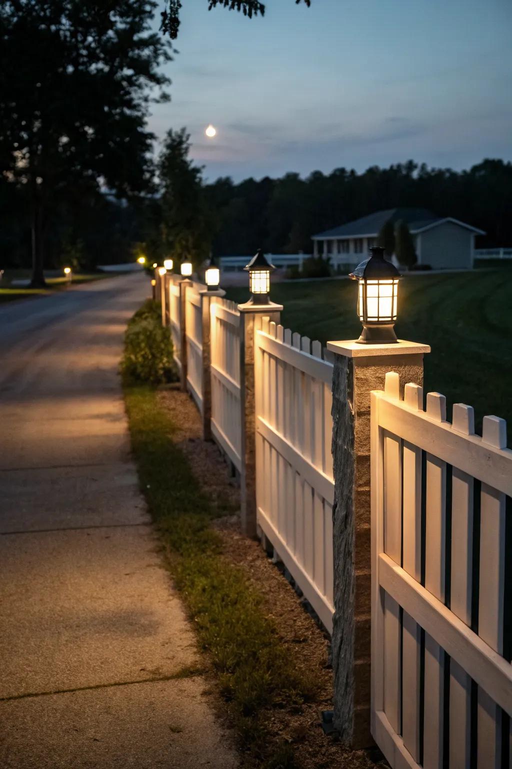 Solar lights integrated into the fence provide functionality and ambiance.
