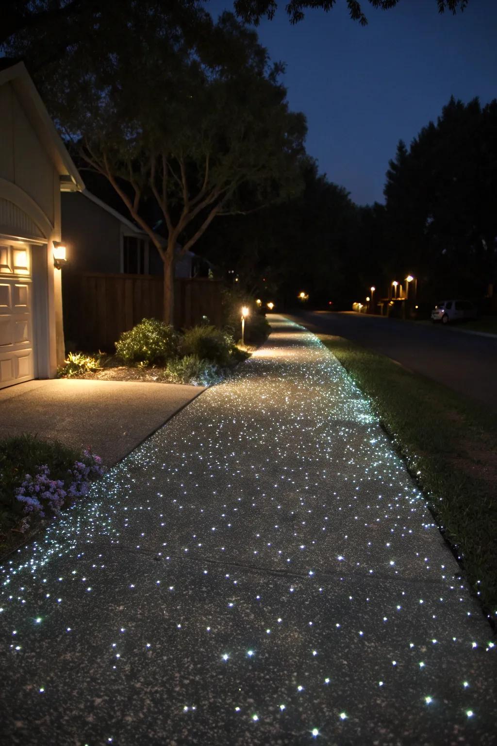 Illuminated aggregates add a magical touch to driveways after sunset.