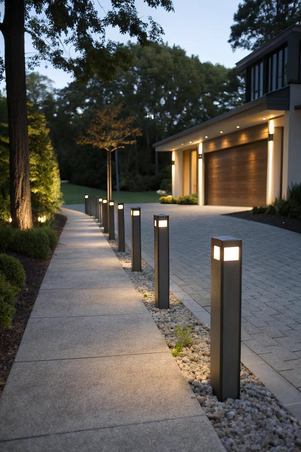 Architectural bollards add a modern touch.