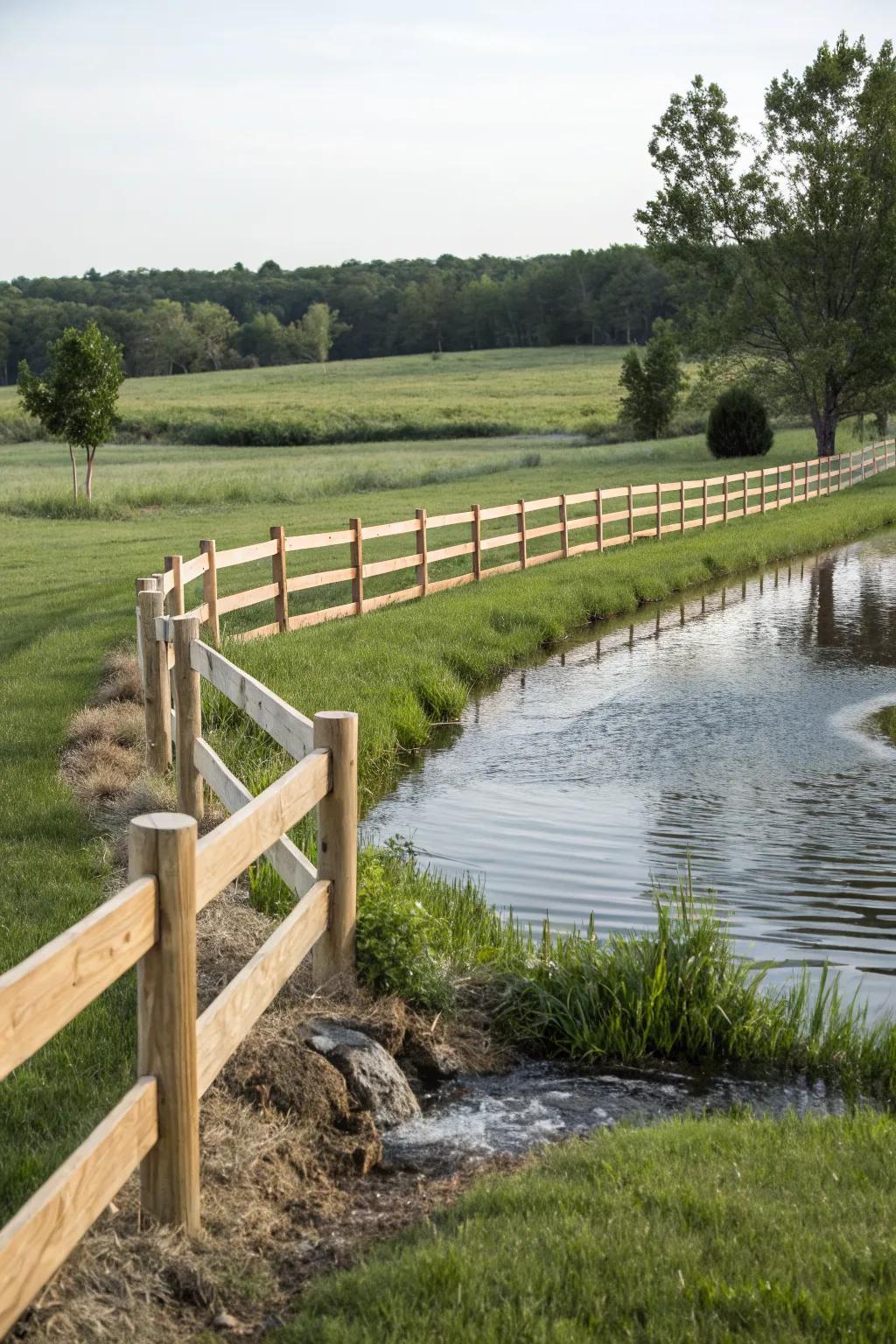 A water feature adding tranquility near a split rail fence.