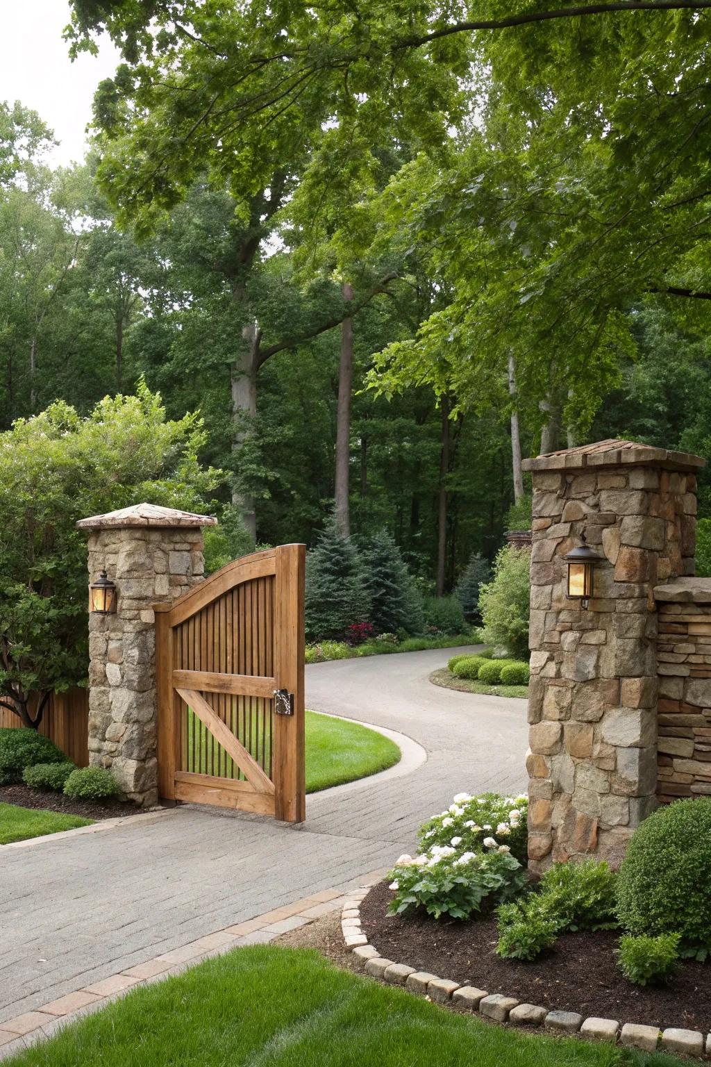 Stone accents provide a natural elegance to driveway gates.