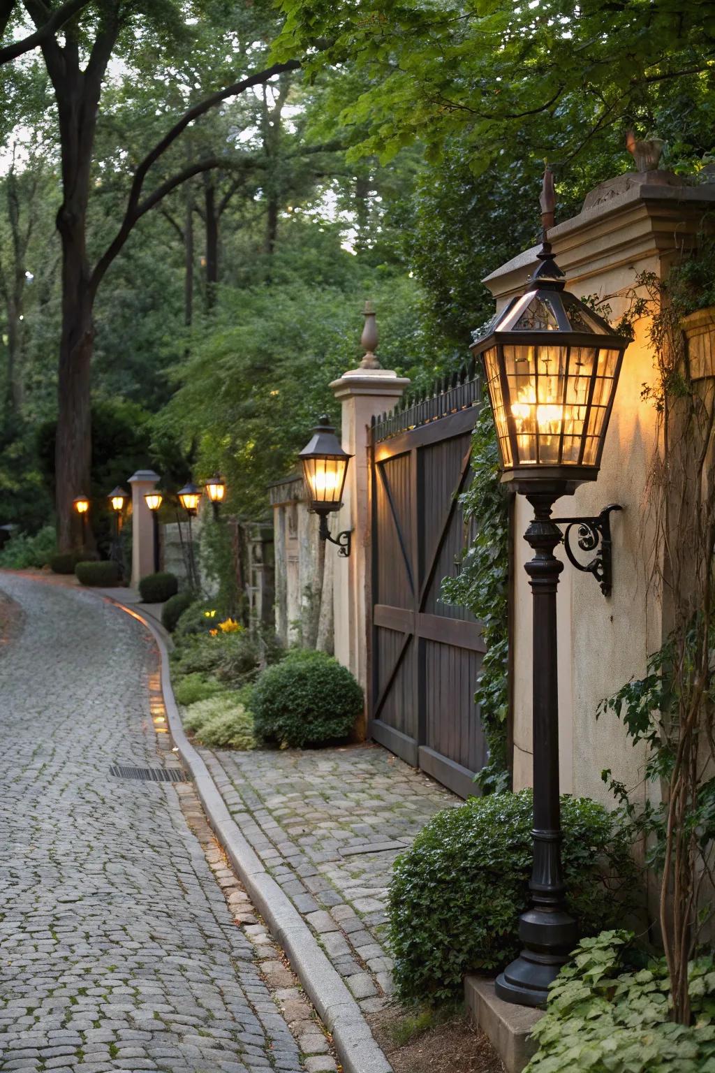 Lantern-style posts add classic charm and warmth.