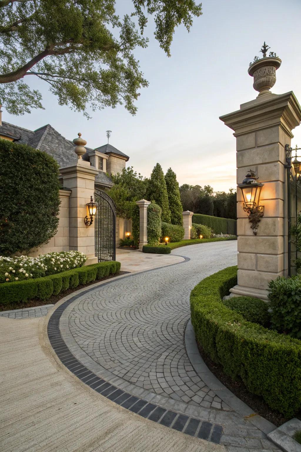 A driveway with a grand circular design.
