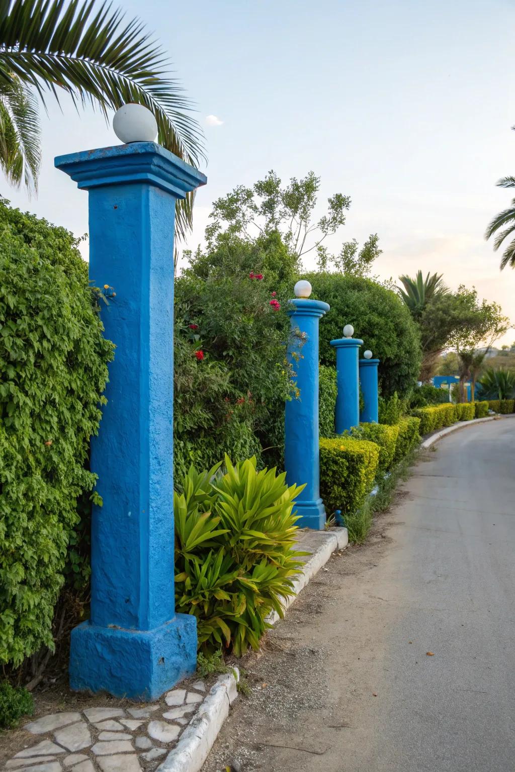 Bold colors on pillars make a striking statement at the entrance.