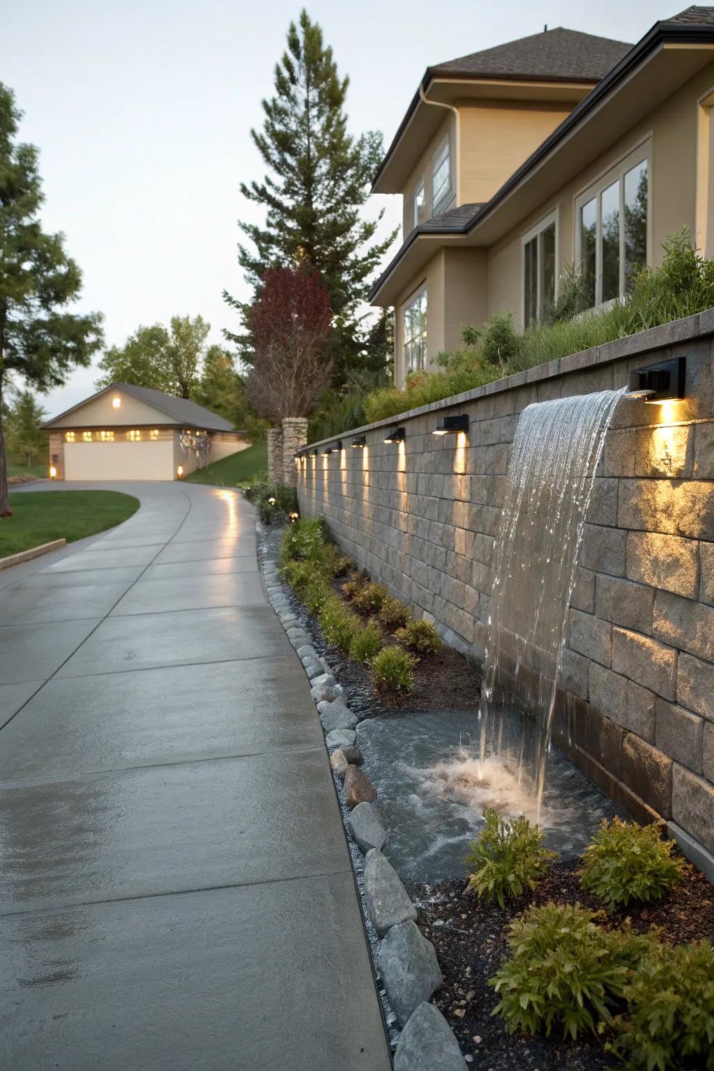 A driveway wall featuring an integrated water feature for relaxation.