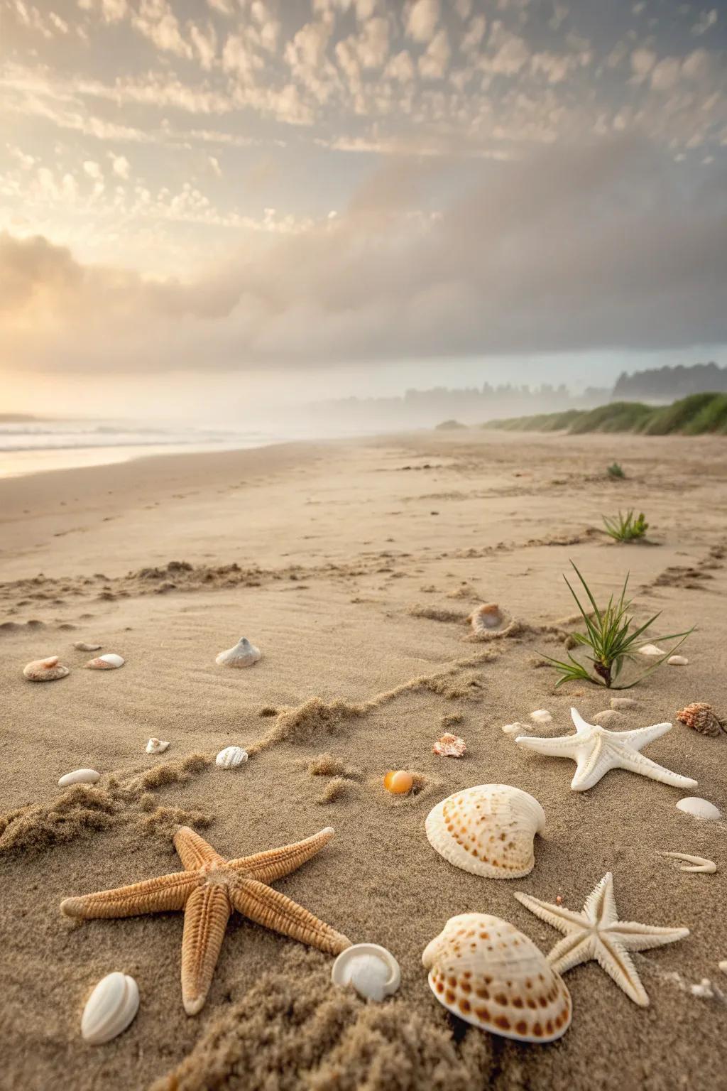 Shells and starfish bring a beach-inspired charm to a dry pond.