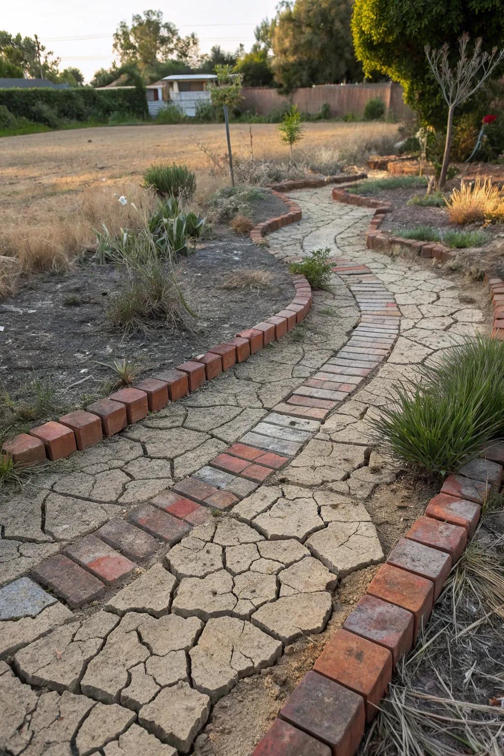 Recycled materials give a unique touch to a dry river bed.