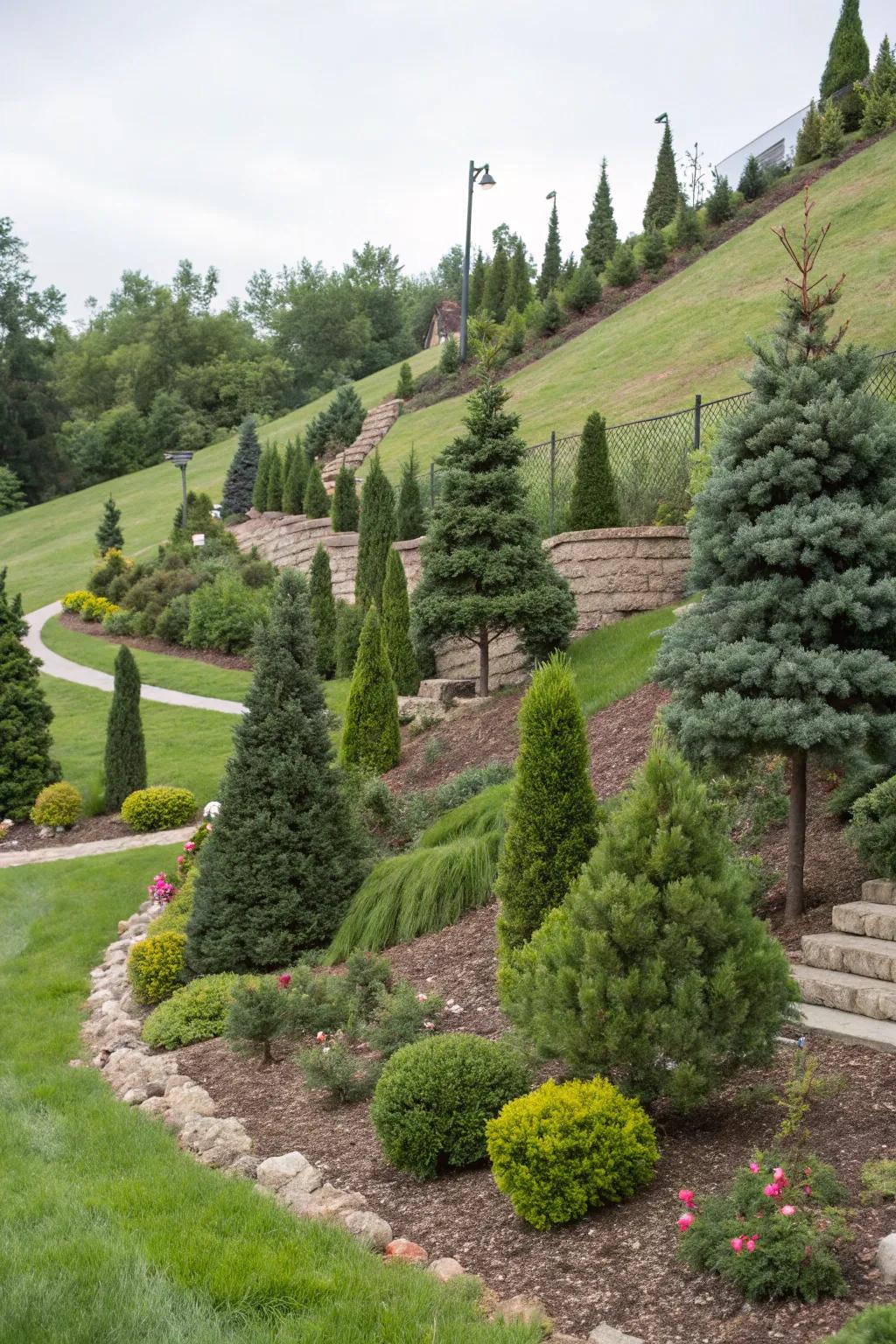 Dwarf Alberta spruce stabilizing and enhancing a sloped garden.