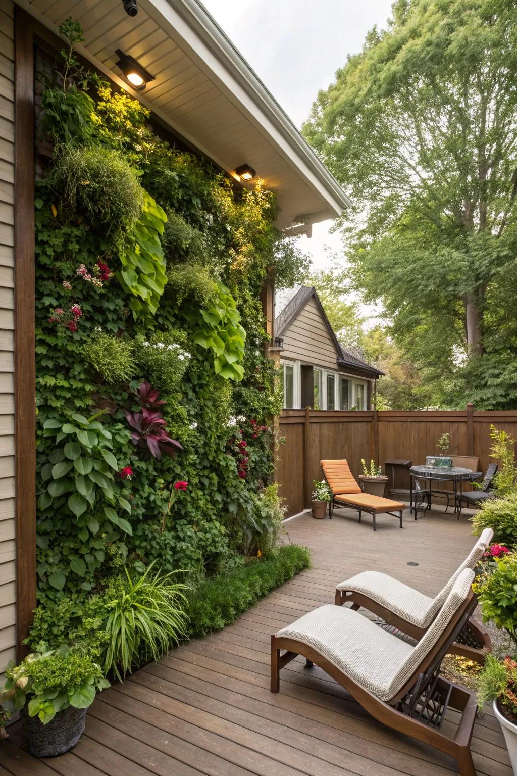 Vertical gardens maximize greenery on small patios.