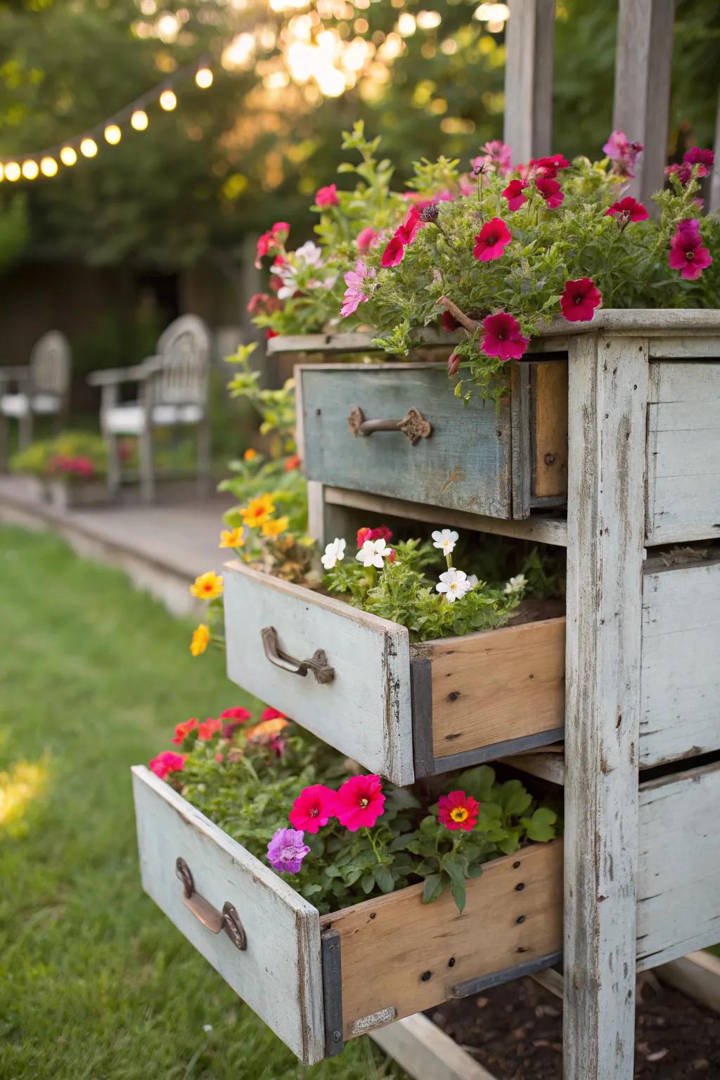 Upcycled drawers make charming, unique planters.