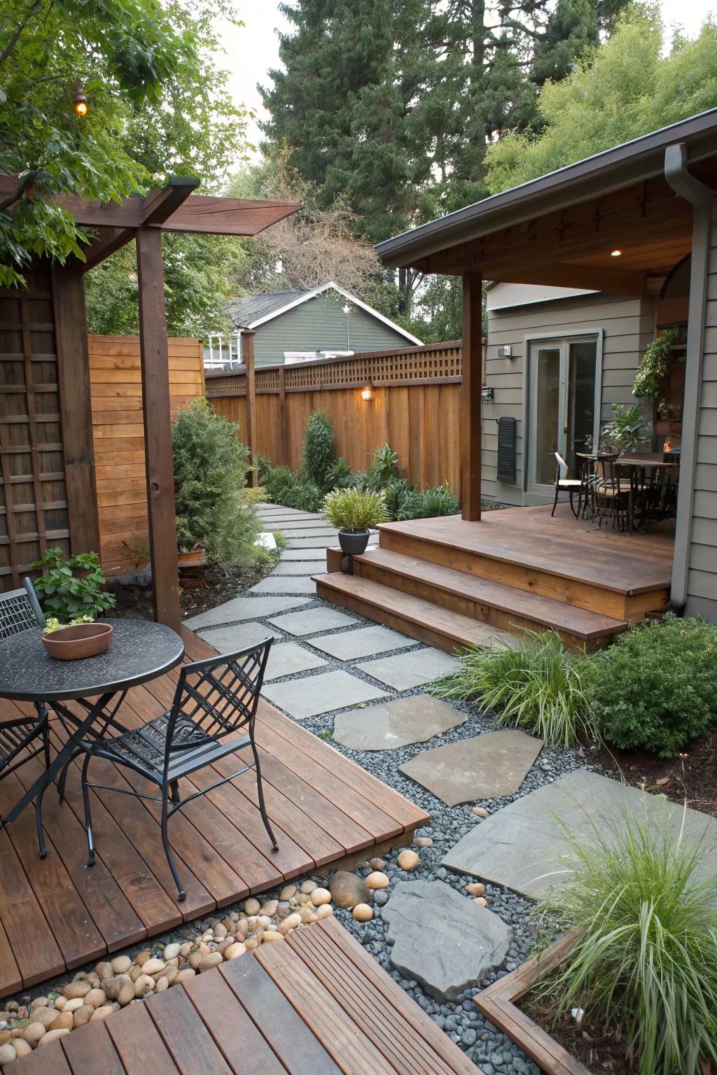 A rich mix of textures adds depth to the outdoor space.