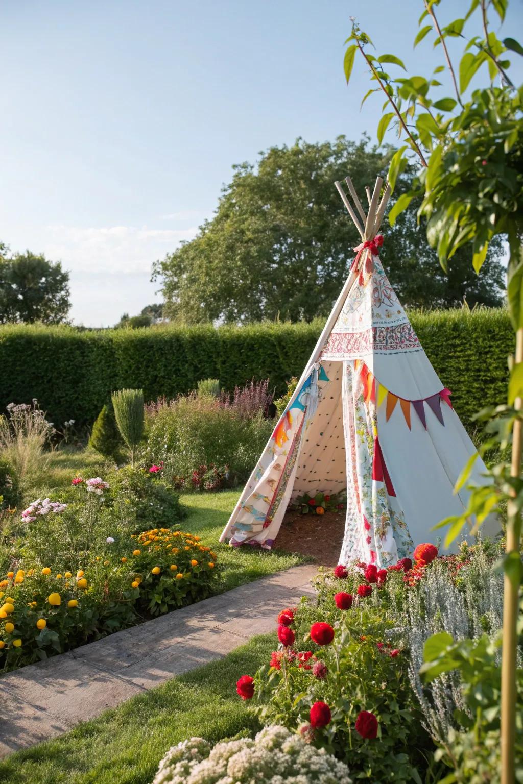 A playful teepee adds a whimsical touch to this eclectic garden.
