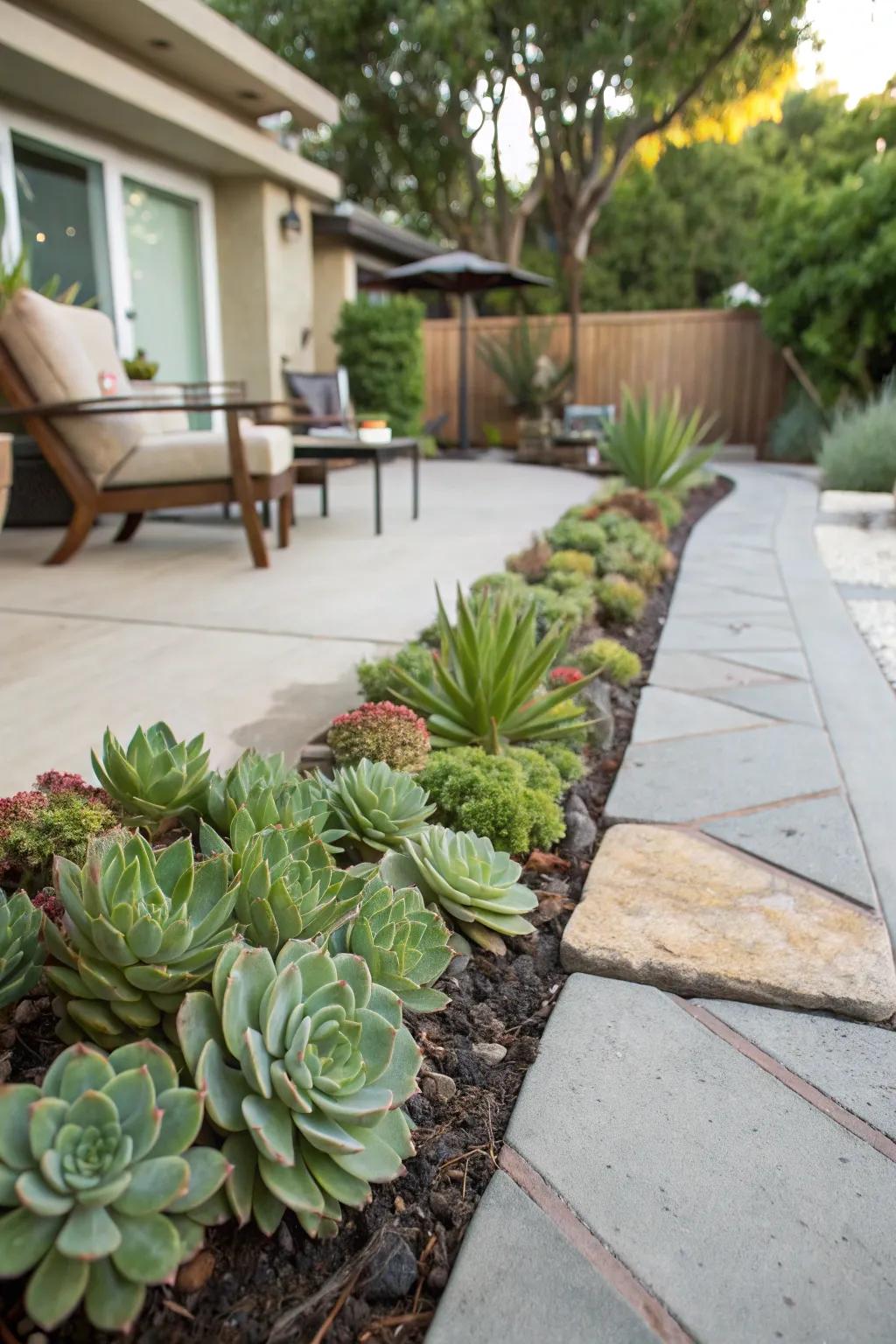 A patio surrounded by a lush border of succulents, offering an easy-care solution.