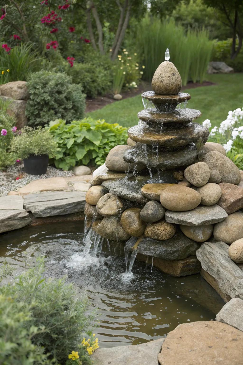 Create a tranquil rock fountain with egg rocks.