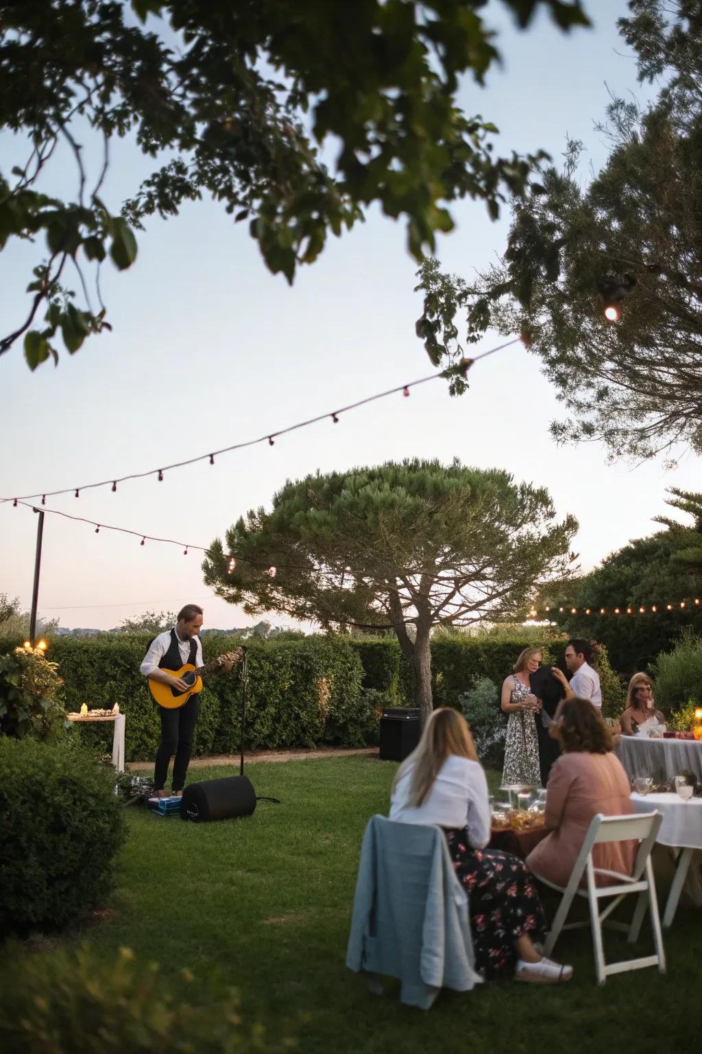 Live music enhances the enchanting atmosphere of the garden party.