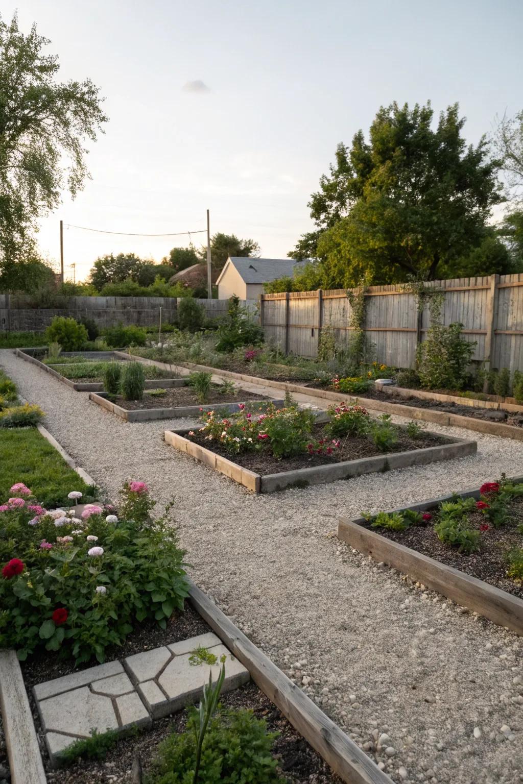 Elegant gravel pathways and hardscaping in the backyard.