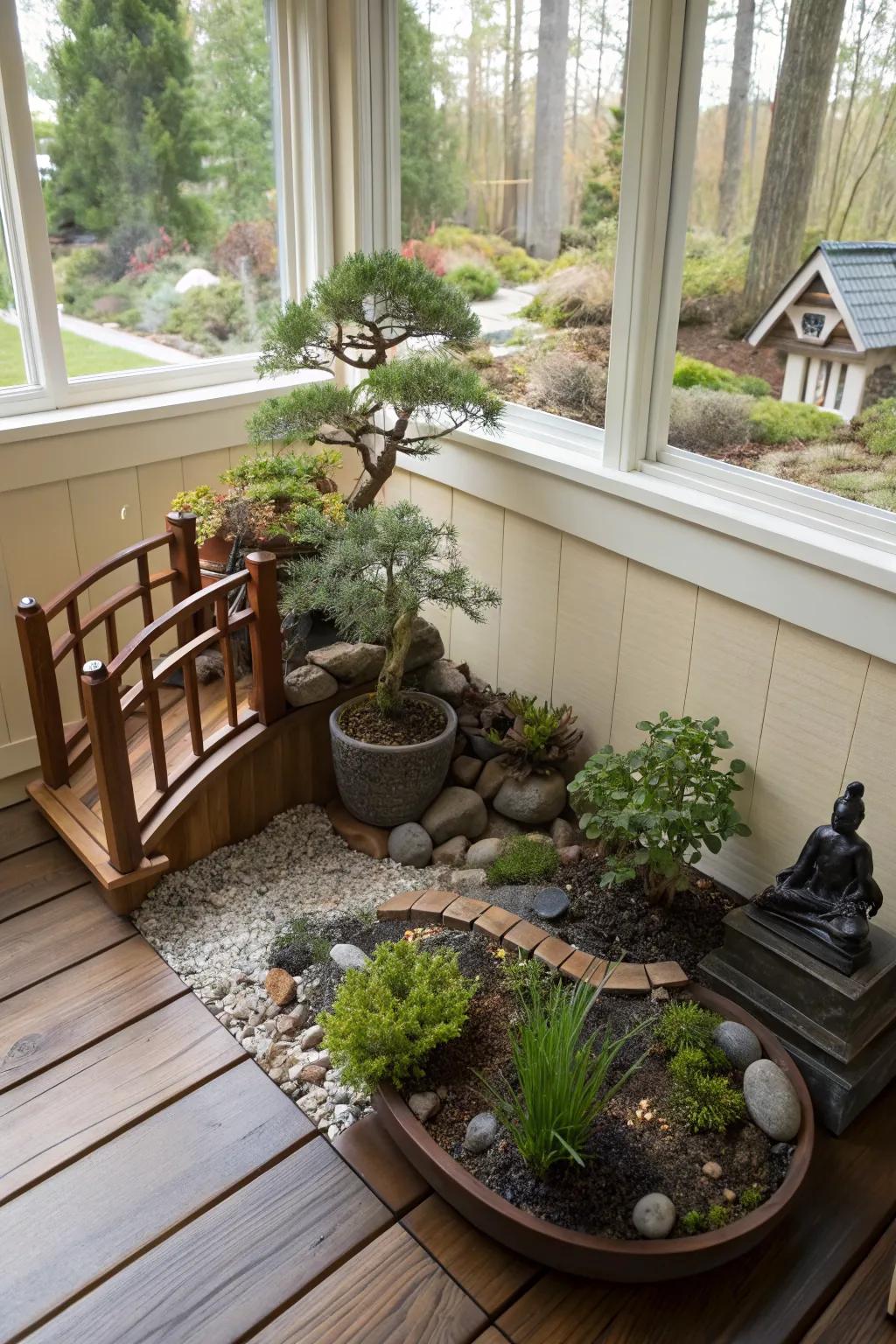 A charming miniature garden adds whimsy to a small enclosed porch.