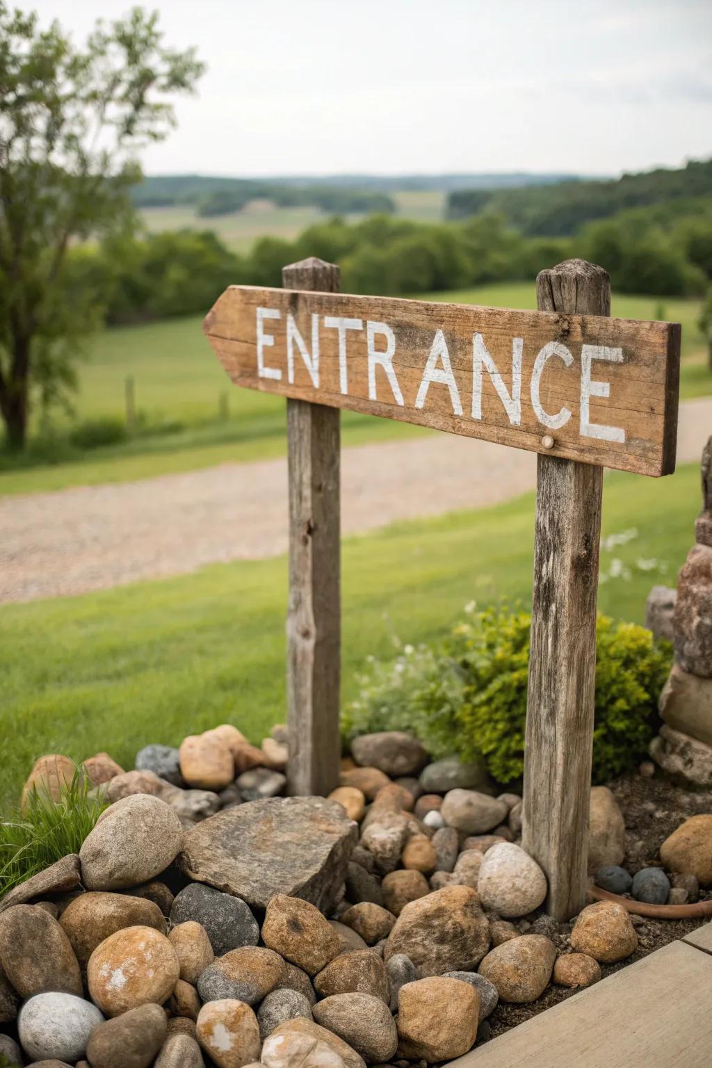 Rustic stones enhancing the natural feel of the entrance sign area.