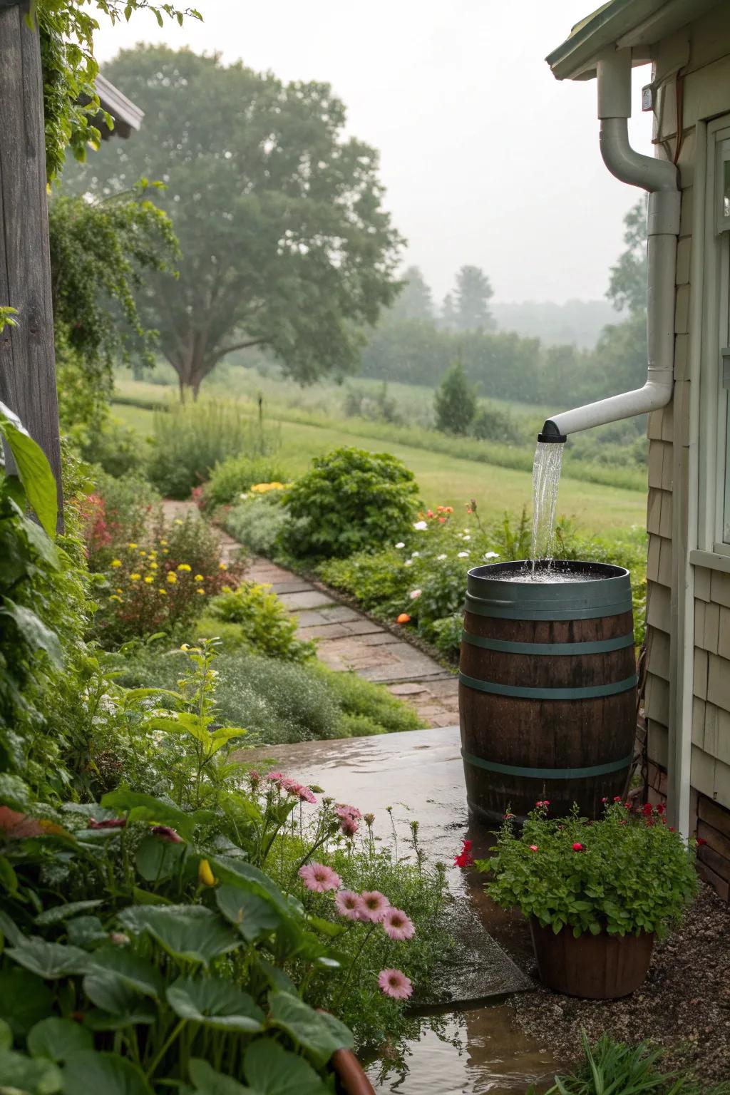 A rain barrel collecting water, providing a sustainable garden watering solution.
