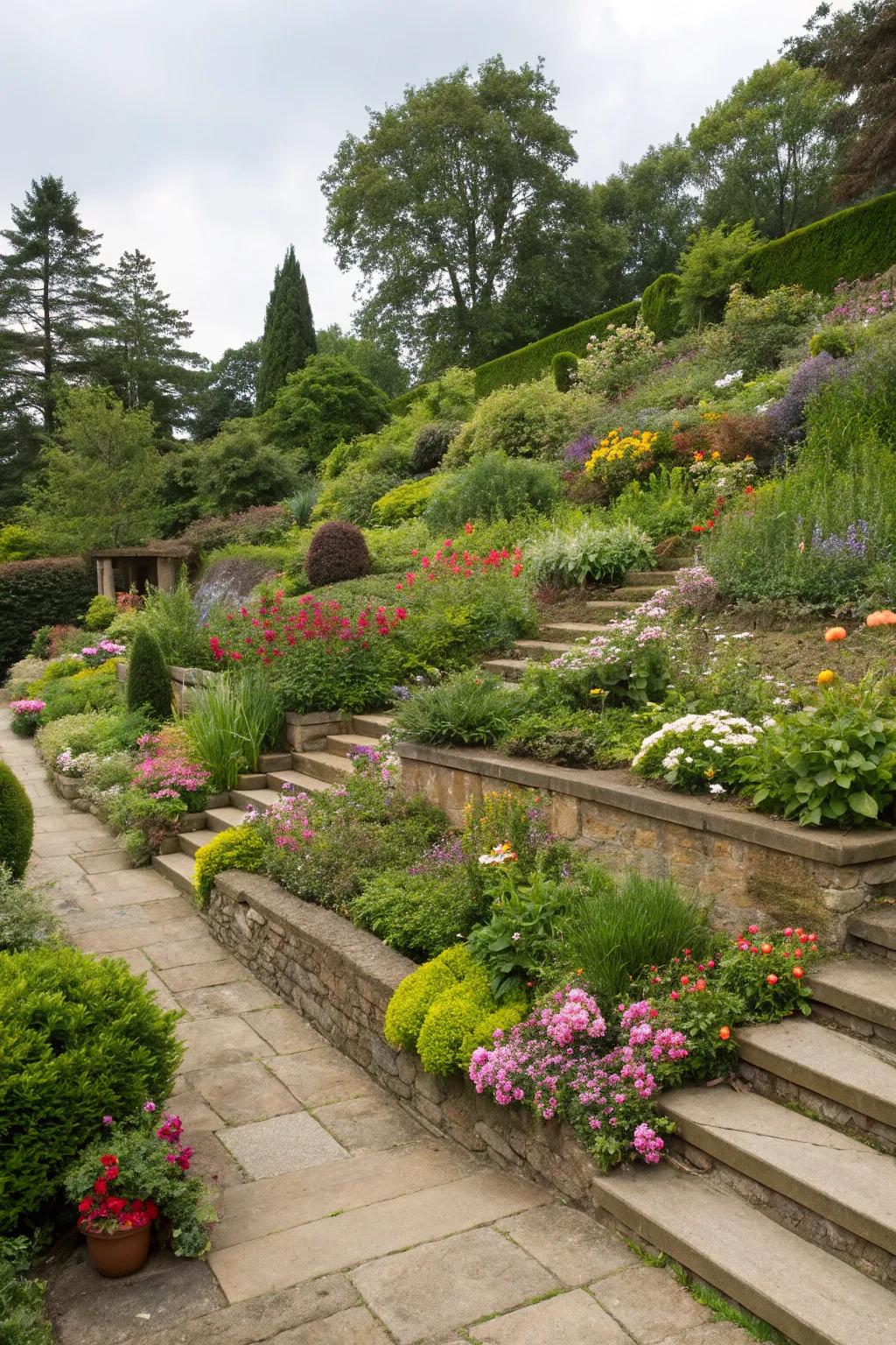 A multi-level garden with terraces creating depth and visual interest.