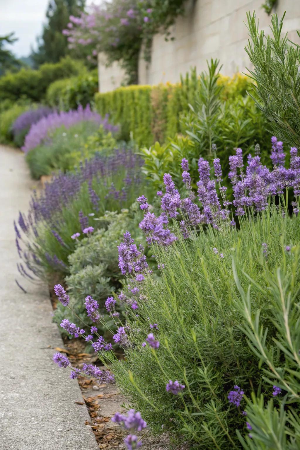 Lavender and rosemary create a fragrant garden border.