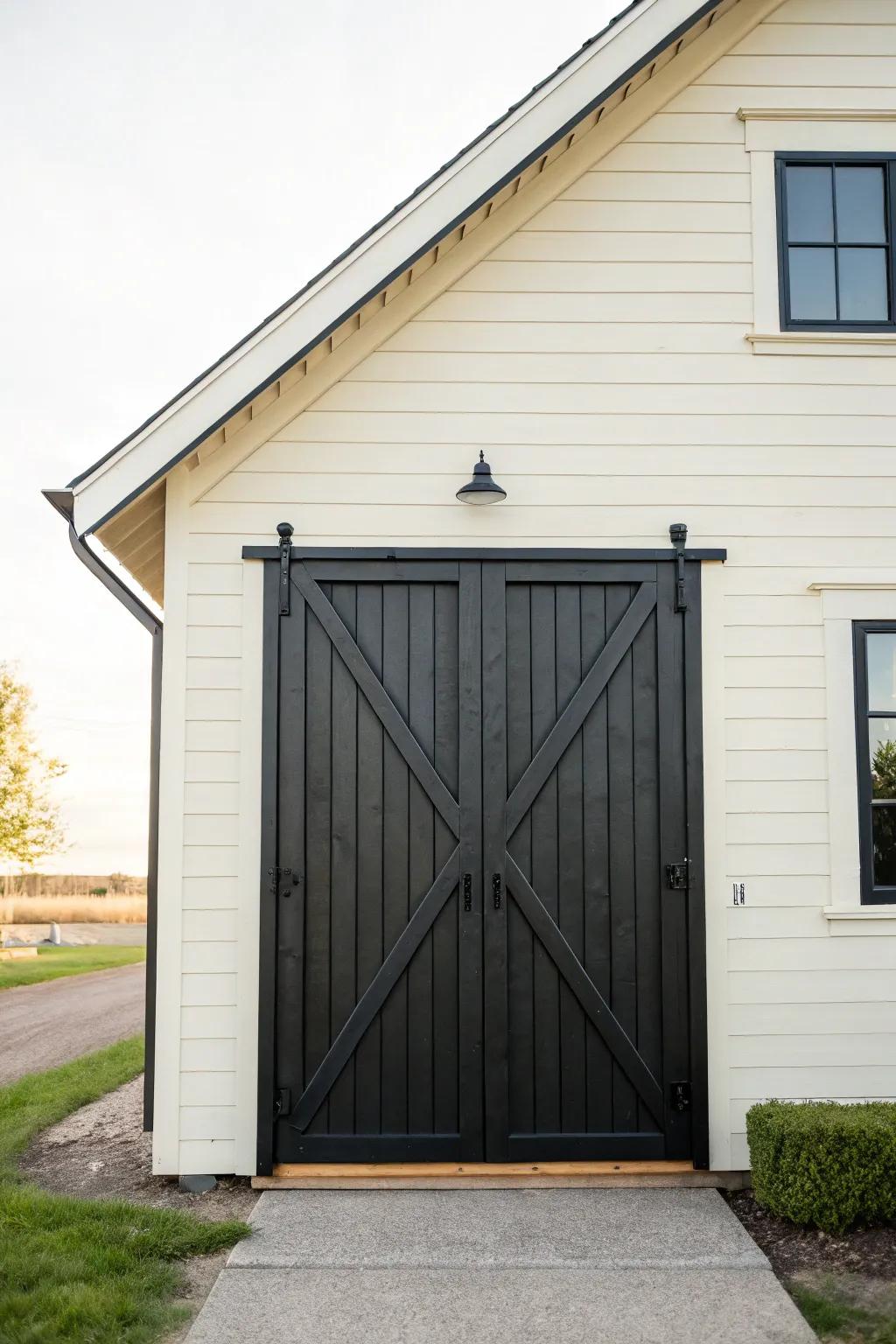 Dramatic contrast with a bold black barn door.