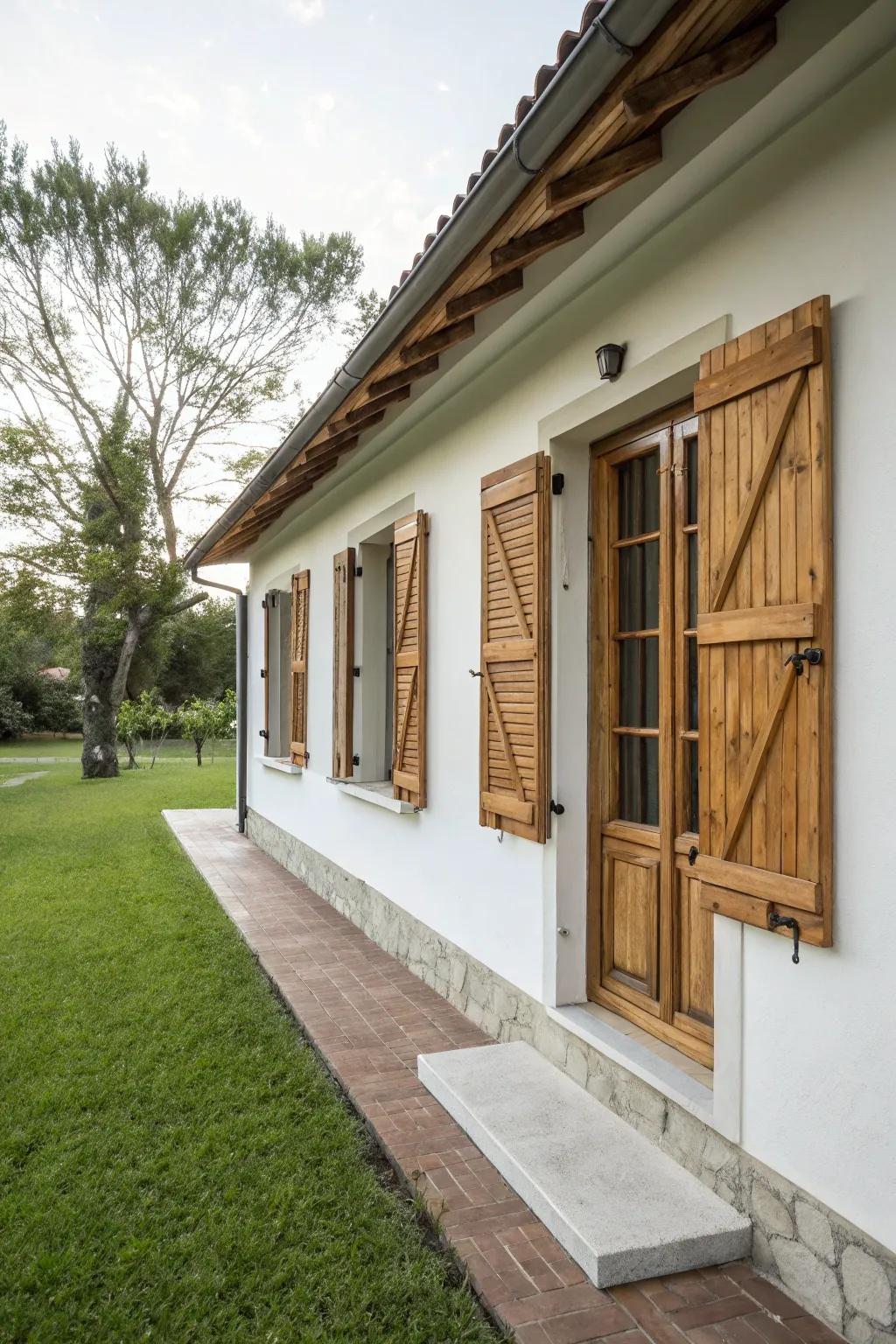 Rustic wood shutters add charm and frame the windows beautifully.
